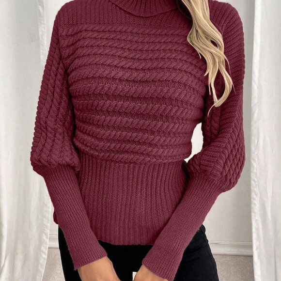 Burgundy Women's Casual Turtleneck Cable Knit Oversized Pullover Sweater - Picture 4 of 6